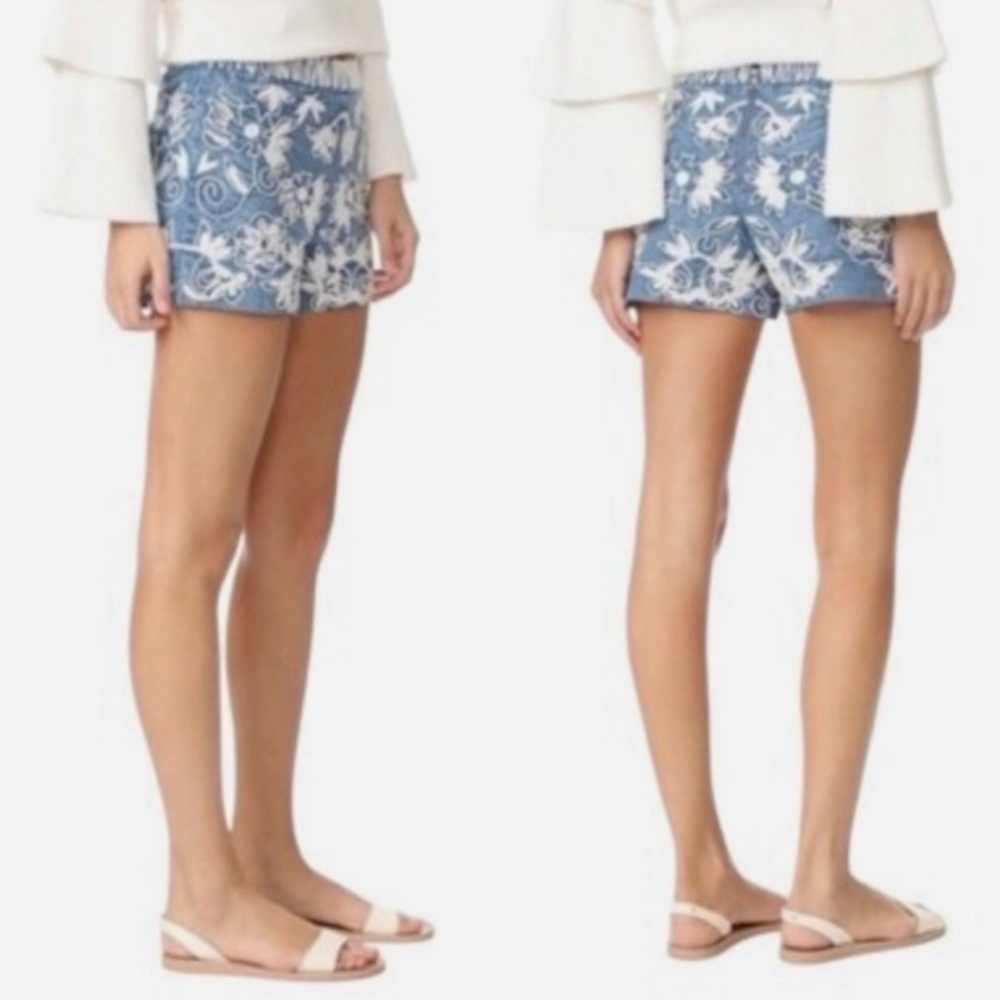 Alice+Olivia Marisa Embroidered Chambray Shorts See Measurements